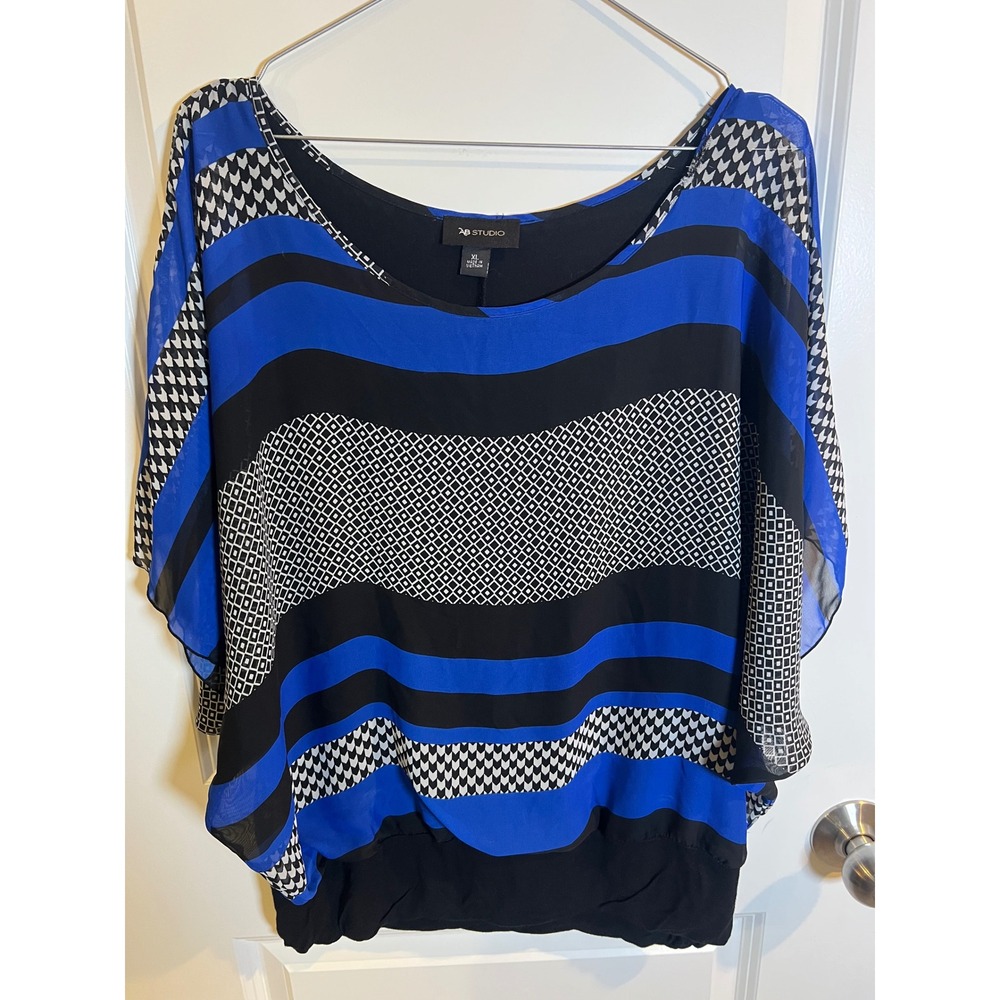 AB Studio Womens Blouse Mixed Geometric Print Blue XL